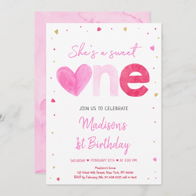 Sweetheart Pink Gold Hearts First Birthday Invitation (Front/Back)