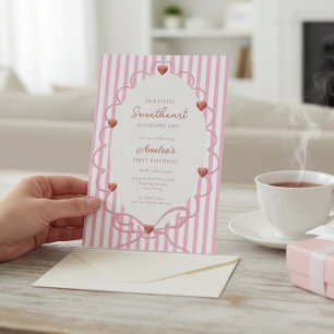 Sweetheart Pink Stripe First Birthday QR Code Invitation