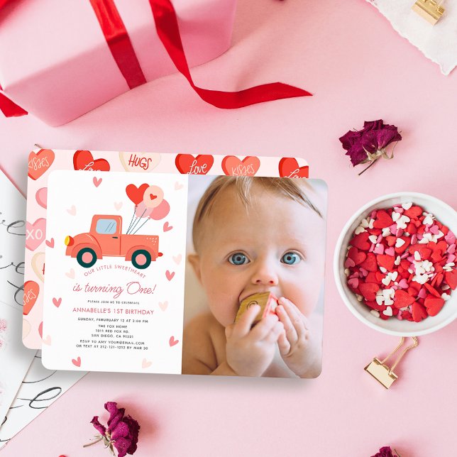 Sweetheart Pink Truck Photo Girl 1st Birthday Invitation (Creator Uploaded)