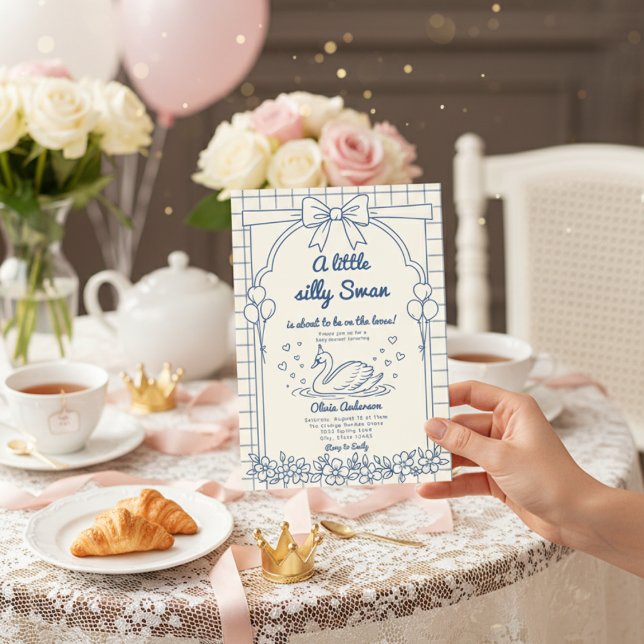  sweetheart Swan blue Gingham Ribbon floral girl Invitation (Creator Uploaded)
