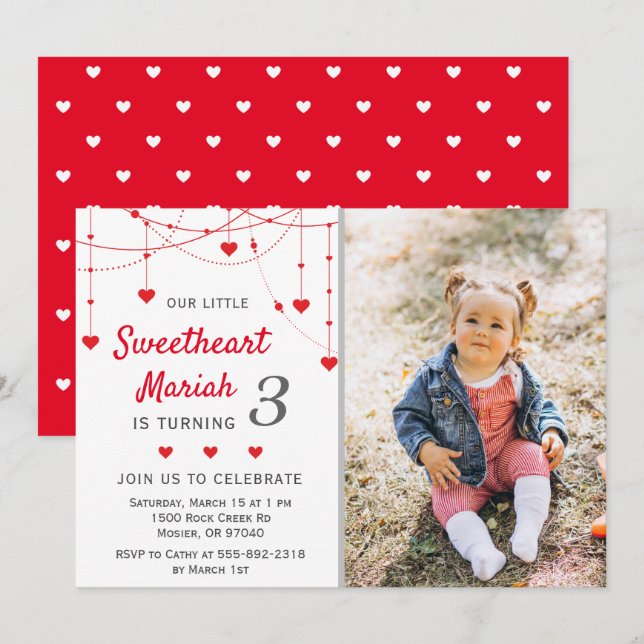Sweetheart Valentine Girl Birthday Party Photo Invitation (Front/Back)