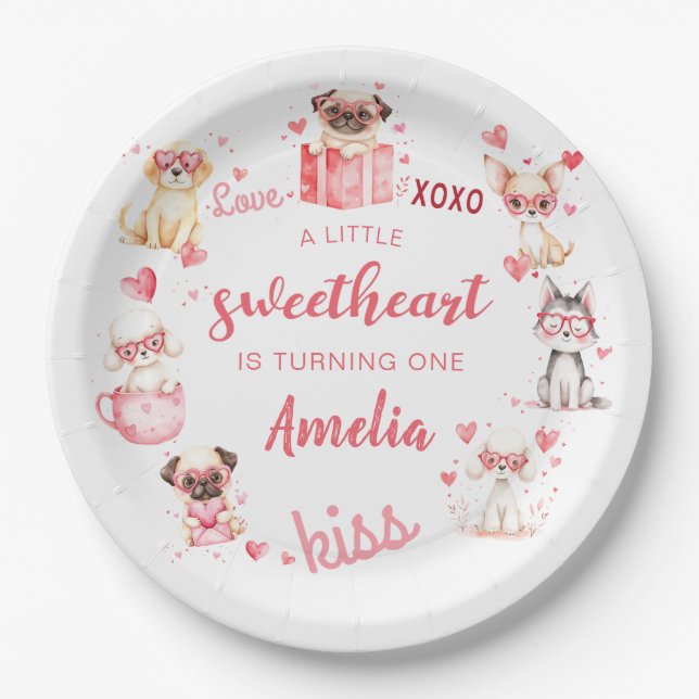 Sweetheart Valentine Puppy Birthday Paper Plates (Front)