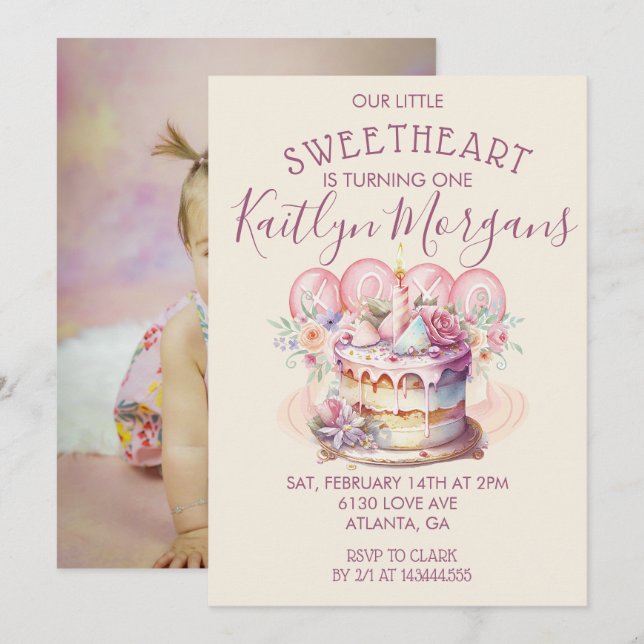 Sweetheart Valentine’s First Birthday Photo Invitation (Front/Back)