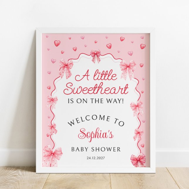 Sweetheart Valentines Pink Bow Baby Shower Welcome Poster (Creator Uploaded)