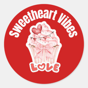 Sweetheart Vibes Valentine Cupcake LOVE Red Round Classic Round Sticker