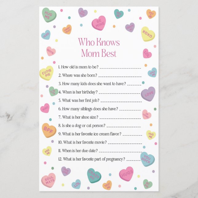 Sweetheart Who Knows Mum Best Baby Shower Game (Front)