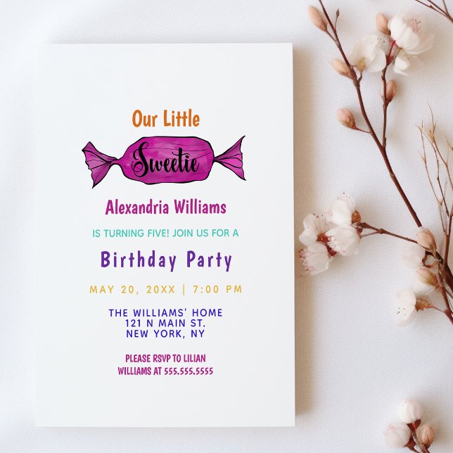 Sweetie Girly Colourful Candy Birthday Party Invitation Postcard (Sweetie Girly Colorful Candy Birthday Party)