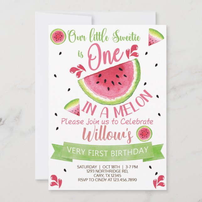 Sweetie One in a Melon girl birthday invite. Invitation (Front)