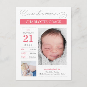 Sweetly Documented Custom Colour Birth Announcemen Postcard