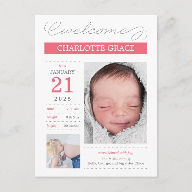 Sweetly Documented Custom Colour Birth Announcemen Postcard (Front)