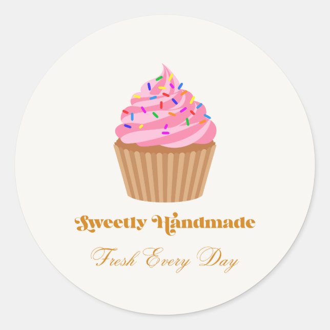 Sweetly Handmade Pink Cupcake Bakery Sticker (Front)