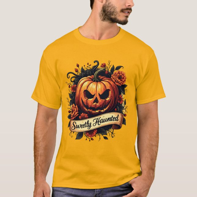 Sweetly Haunted Gothic Floral Pumpkin - Halloween  T-Shirt (Front)
