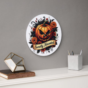 Sweetly Haunted Vintage Pumpkin Floral Halloween Large Clock