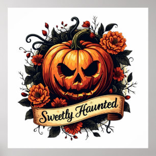 Sweetly Haunted Vintage Pumpkin Floral Halloween Poster