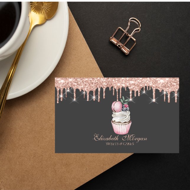  Sweets Cupcake Macaron Rose Gold Drips Bakery  Business Card (Creator Uploaded)