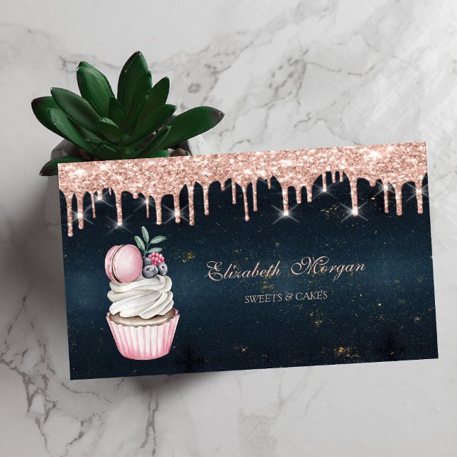  Sweets Cupcake Macaroon Rose Gold Drips Dark Blue Business Card (Creator Uploaded)