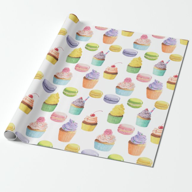 Sweets pattern cupcakes and macaroons wrapping paper (Unrolled)
