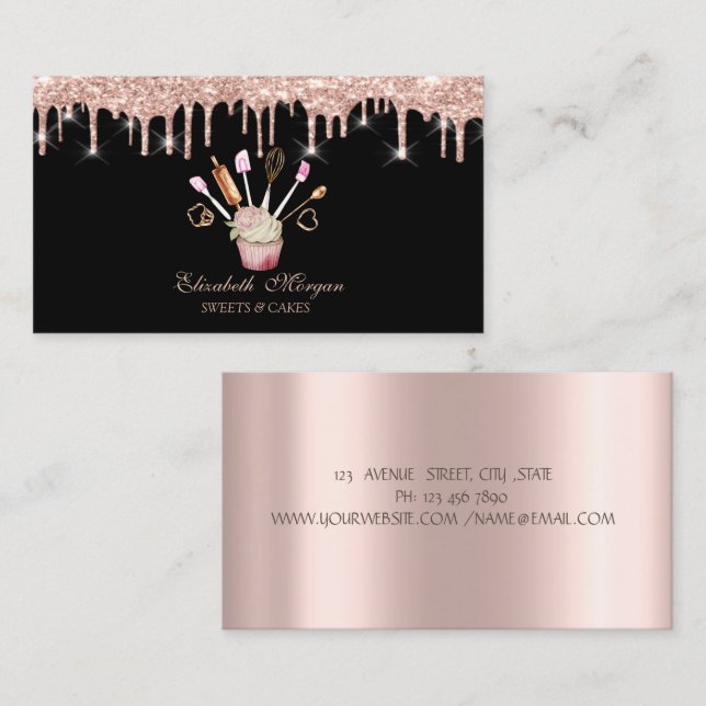 Sweets, Rose Gold Drips Bakery Tools Cupcake Black Business Card (Front/Back)
