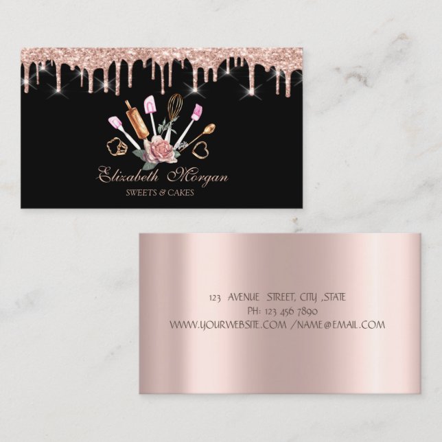 Sweets, Rose Gold Drips Bakery Tools Roses Black Business Card (Front/Back)