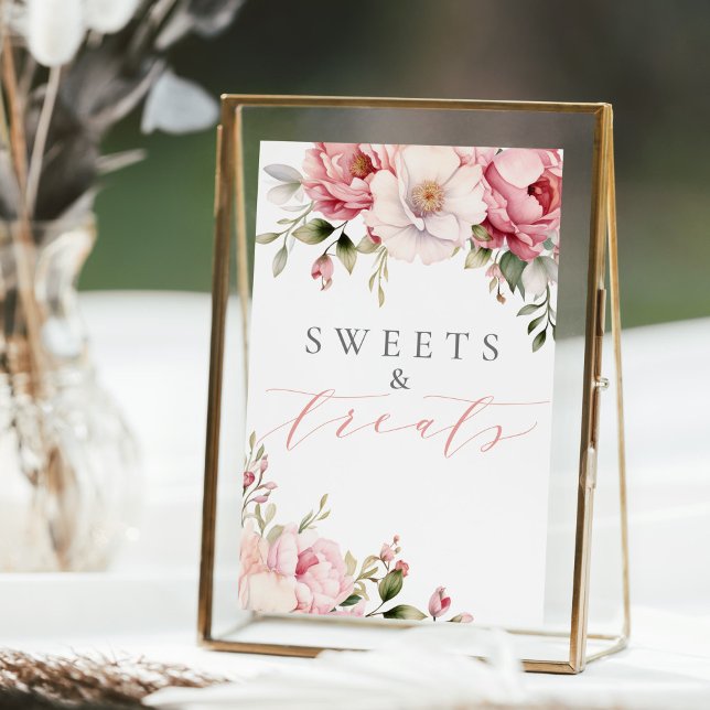 Sweets Treats Elegant Pink Floral Baby Shower Sign (Creator Uploaded)