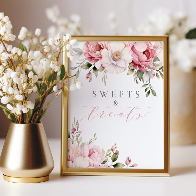 Sweets Treats Elegant Pink Floral Baby Shower Sign (Creator Uploaded)
