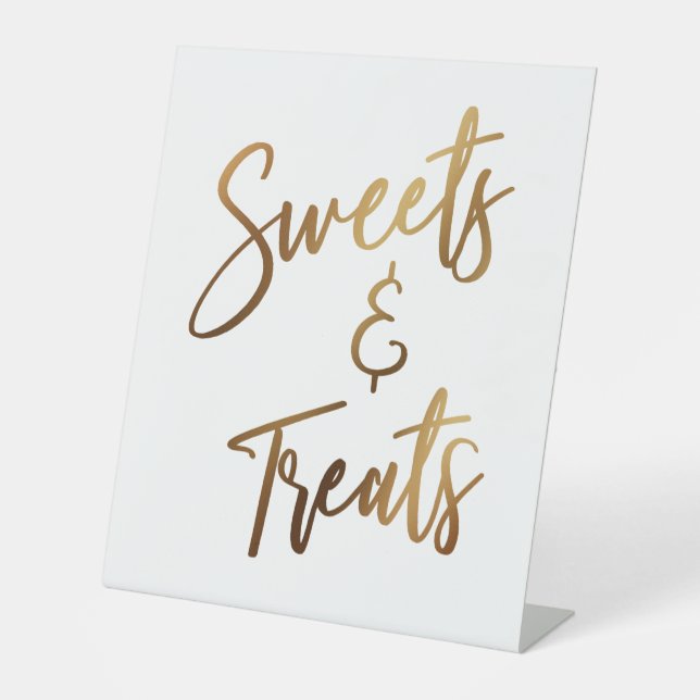 Sweets & Treats Simple Gold Handwriting Typography Pedestal Sign (Front)