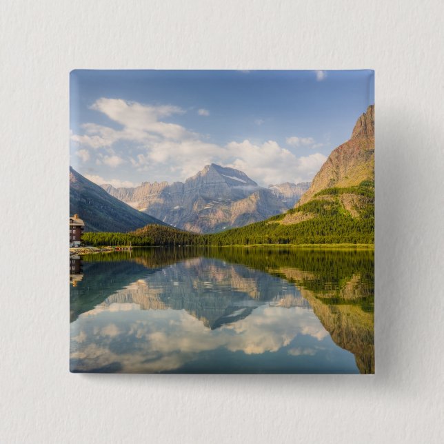 Swiftcurrent Lake with Many Glacier hotel and 15 Cm Square Badge (Front)