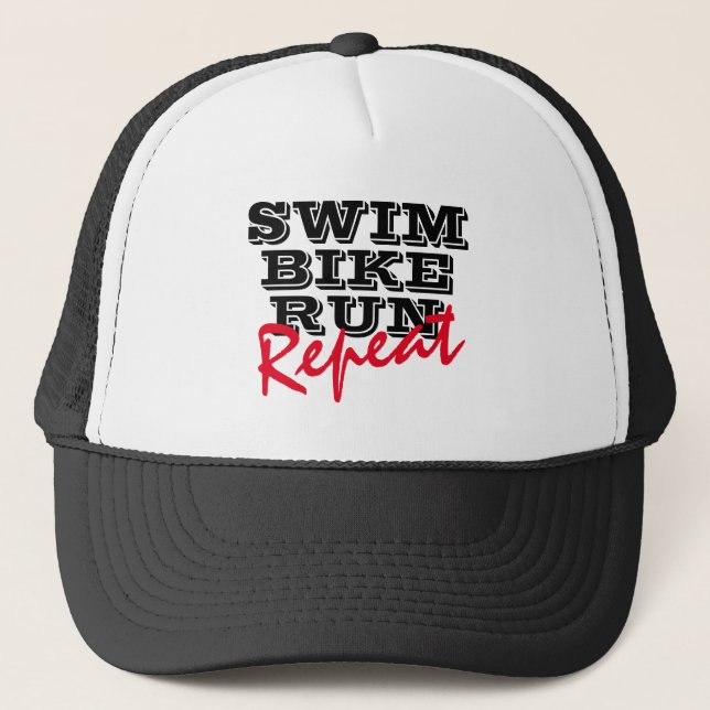 Swim Bike Run Repeat Triathlon Trucker Hat (Front)
