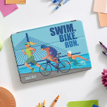 SWIM. BIKE. RUN. TRIATHLON Since 20XX iPad Pro Cover<br><div class="desc">Triathlon-Inspired iPad Cover, designed especially for multisport enthusiasts like you. This eye-catching cover showcases a dynamic print featuring a swimmer, cyclist, and runner, symbolising the three pillars of triathlon. The vibrant design stands out against a striking blue background, creating a visually appealing and motivating accessory to protect your iPad. You...</div>