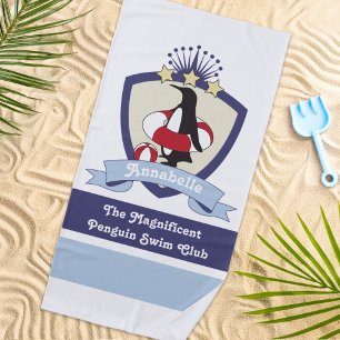 Swim Club Crest Cute Penguin Cartoon Kids Name Beach Towel