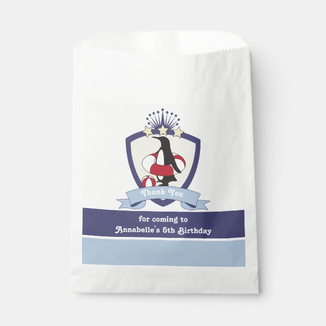 Swim Club Crest Penguin Kids Birthday Thank You Favour Bags (Front)