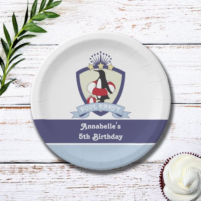 Swim Club Crest Penguin Kids Pool Birthday Party Paper Plate (Creator Uploaded)