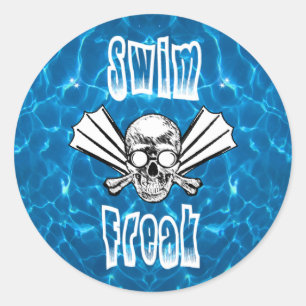 Swim freak round sticker with skull, fins, goggles
