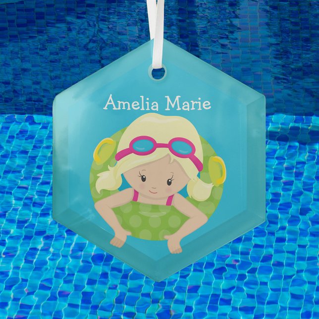 Swim Team Blonde Girl Cute Custom Christmas Glass Tree Decoration (Creator Uploaded)