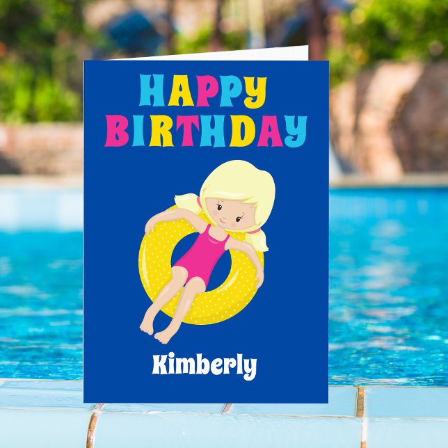 Swim Team Blonde Girl Cute Custom Happy Birthday Card (Creator Uploaded)