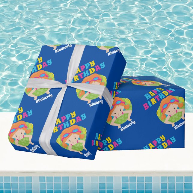 Swim Team Girl Cute Redhead Kids Pool Birthday Wrapping Paper (Creator Uploaded)