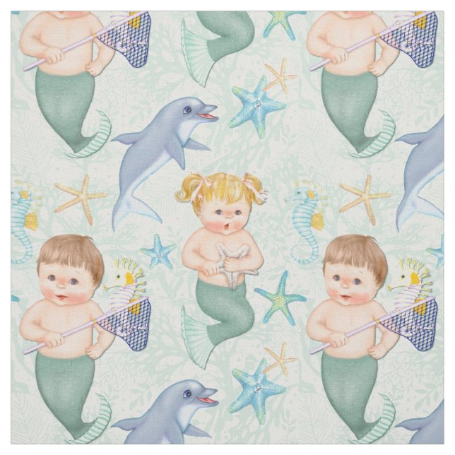 Swim With Dolphins Mermaids Fabric (Swatch)