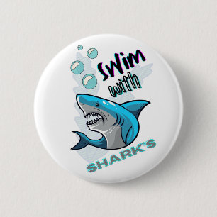 swim with sharks 6 cm round badge