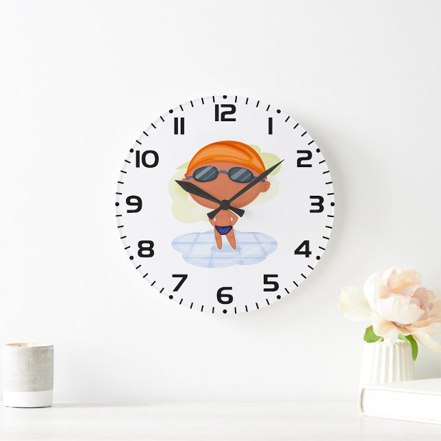 Swimmer Boy in Goggles and Swim Cap Large Clock (Creator Uploaded)