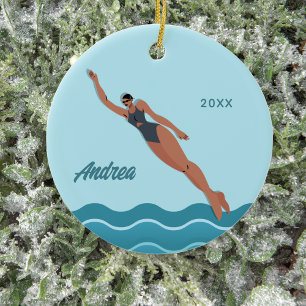 Swimmer Girl Custom Swimming Name & Year Ceramic Tree Decoration