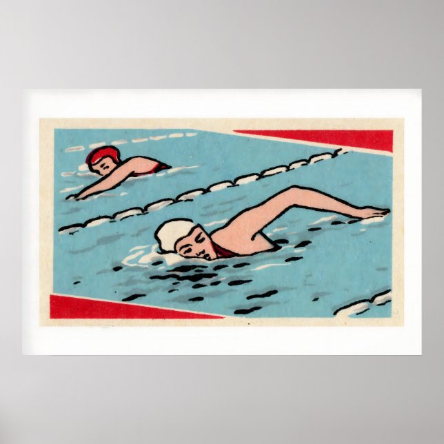Swimmers Pool Blue Red White Vintage Matchbox Poster (Front)