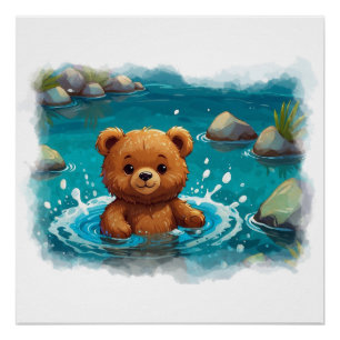 Swimming Baby Teddy Bear Cartoon Poster