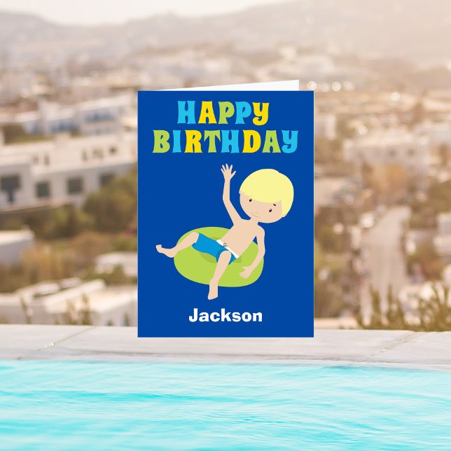 Swimming Blonde Boy Custom Kids Happy Birthday Card (Creator Uploaded)