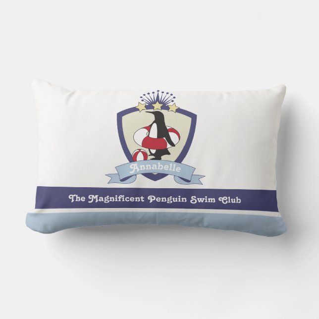 Swimming Club Crest Cute Penguin Kids Name Lumbar Cushion (Front)
