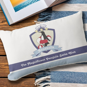 Swimming Club Crest Cute Penguin Kids Outdoor Lumbar Cushion