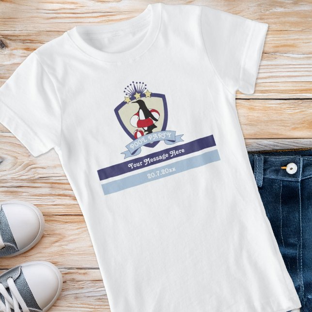 Swimming Club Crest Cute Penguin Kids Pool Party T-Shirt (Creator Uploaded)