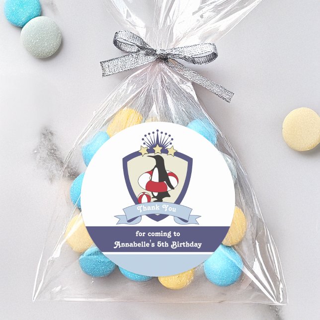 Swimming Club Crest Cute Penguin Kids Thank You Classic Round Sticker (Creator Uploaded)
