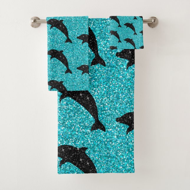 Swimming Dolphin Black Glitter Ocean Animals L Bath Towel Set (Insitu)