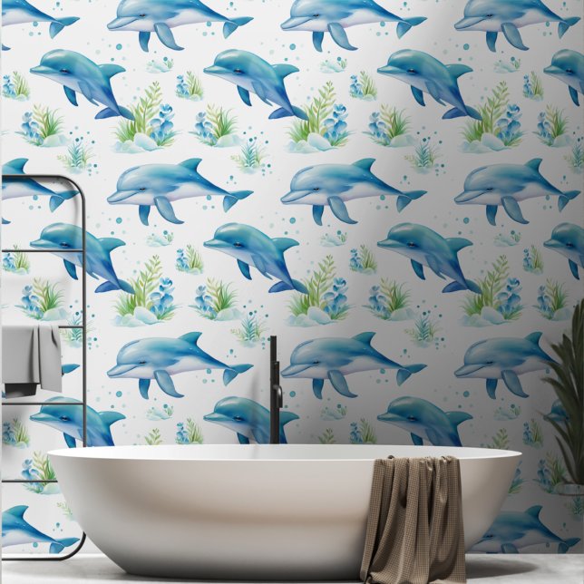 Swimming dolphins blue green on white Wallpaper (Creator Uploaded)