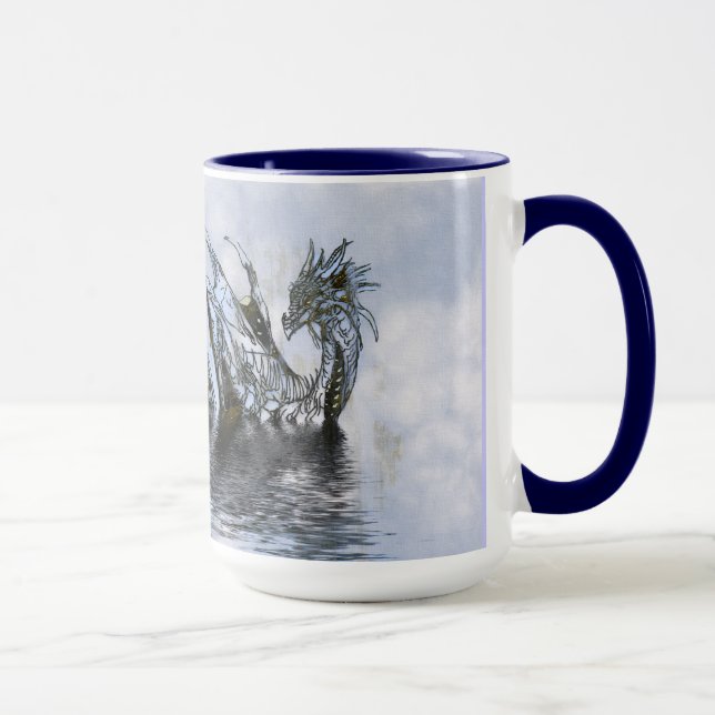 Swimming Dragon Clouds Blue Sky Grunge Design Mug (Right)